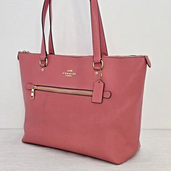 Coach Gallery Tote Pink Crossgrain Leather Shoulder Bag Double Handles Zip Top